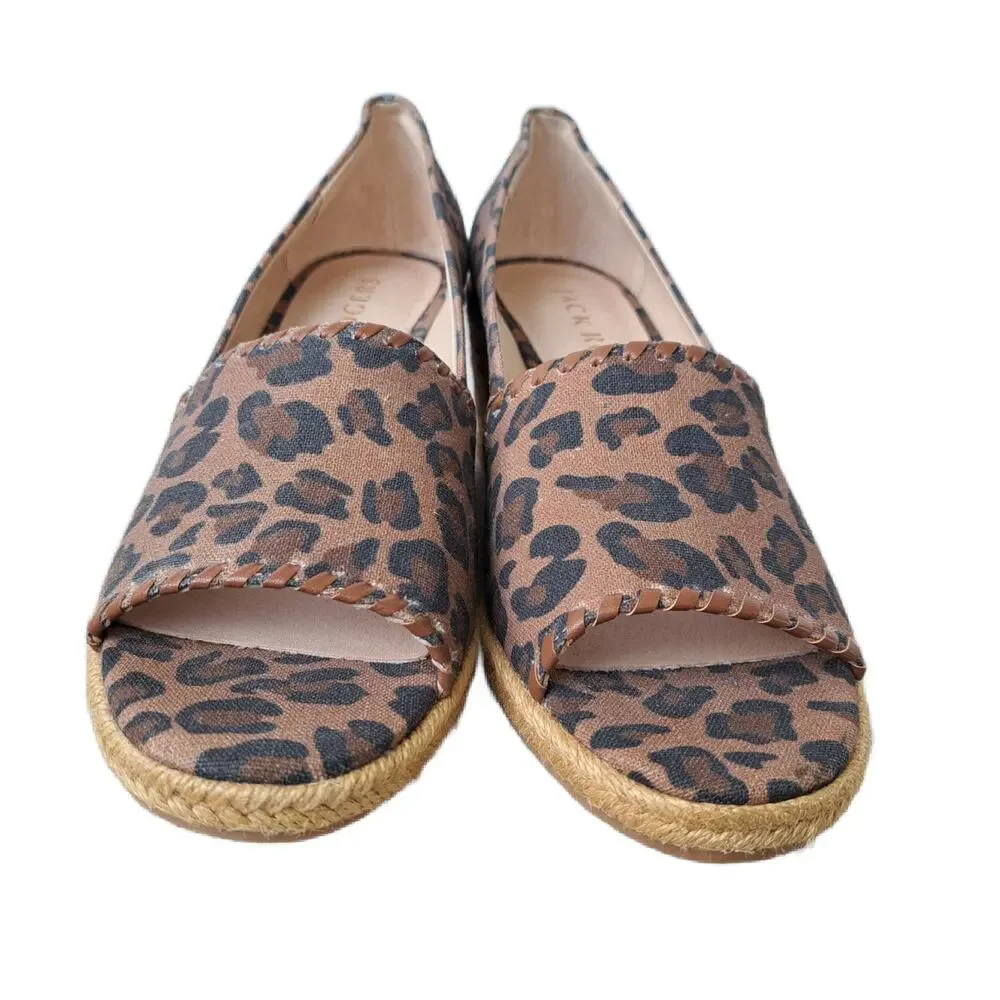 Jack Rogers Palmer Wedge Sandal Size 7 Linen Leopard Print Espadrille Peep Toe